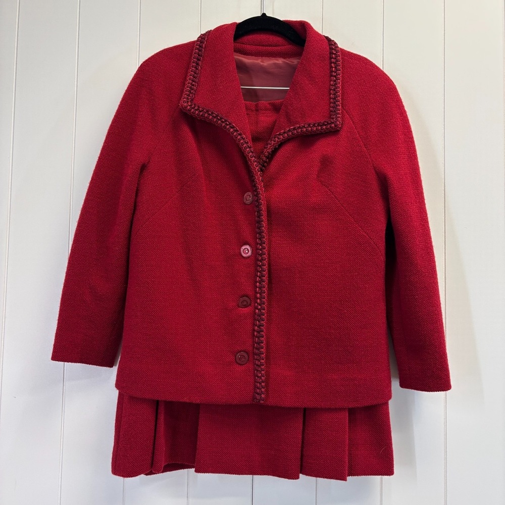 Handmade Womens Retro Academia Career Skirt Suit Size M Red Holiday Cozy Office